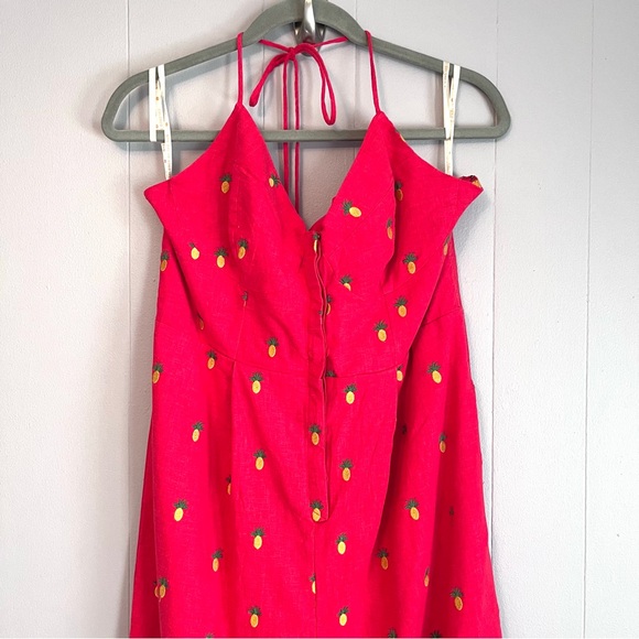 Farm Rio Embroidered Pineapples Red Jumpsuit size L linen blend halter top - Picture 10 of 16